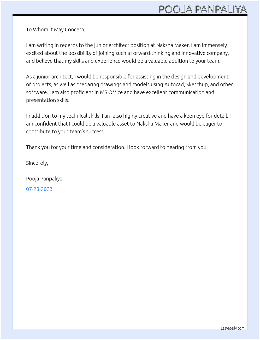 junior architect At naksha maker Cover Letter