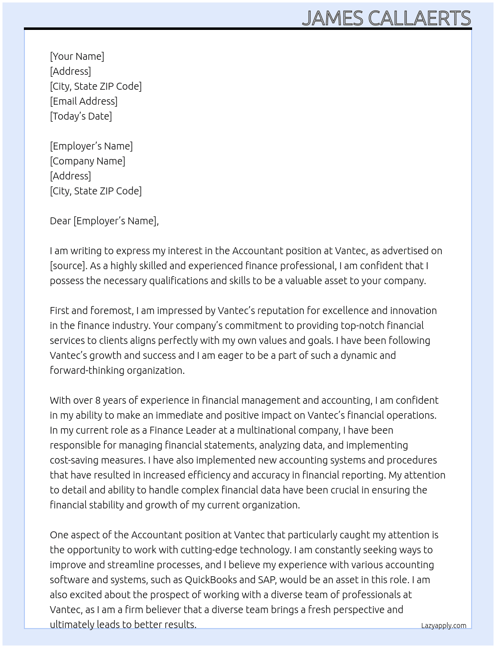 Accountant At Vantec Cover Letter