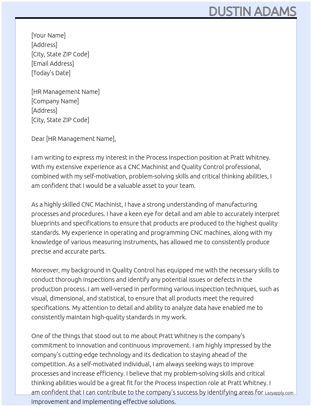 Process inspection  At Pratt Whitney  Cover Letter