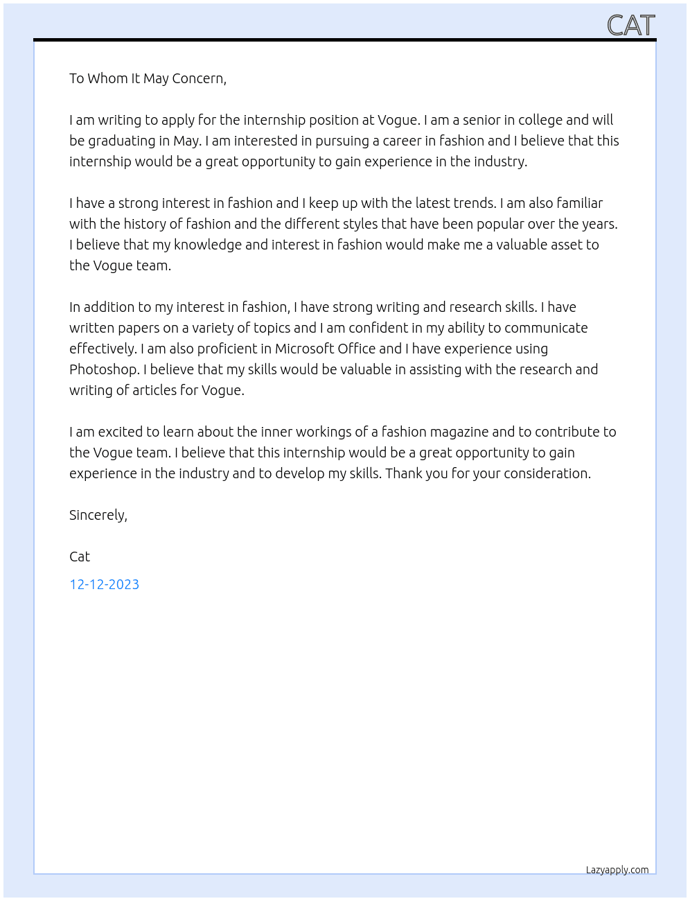 Internship At Vogue Cover Letter