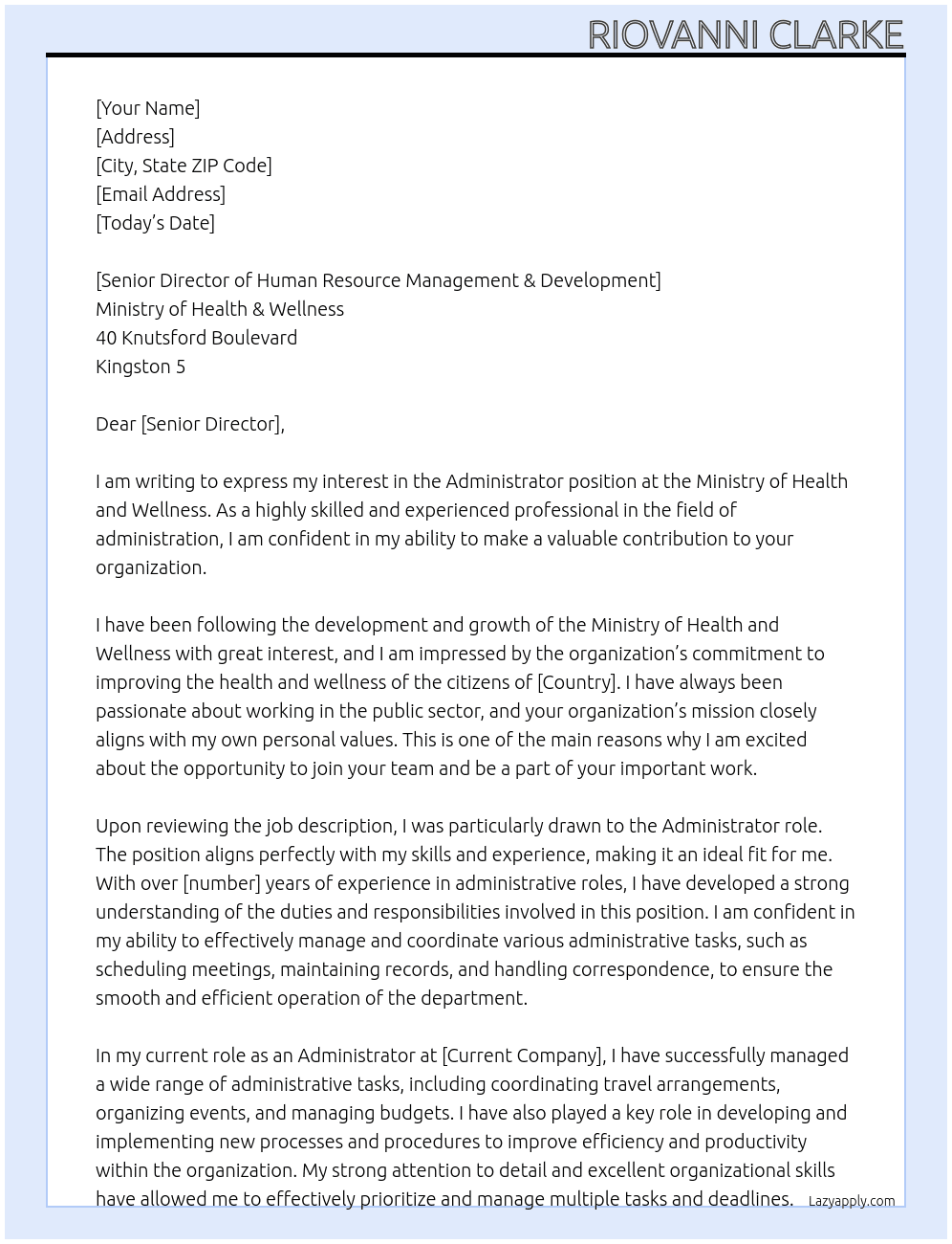 Administrator  At Ministry of Health and Wellness Cover Letter