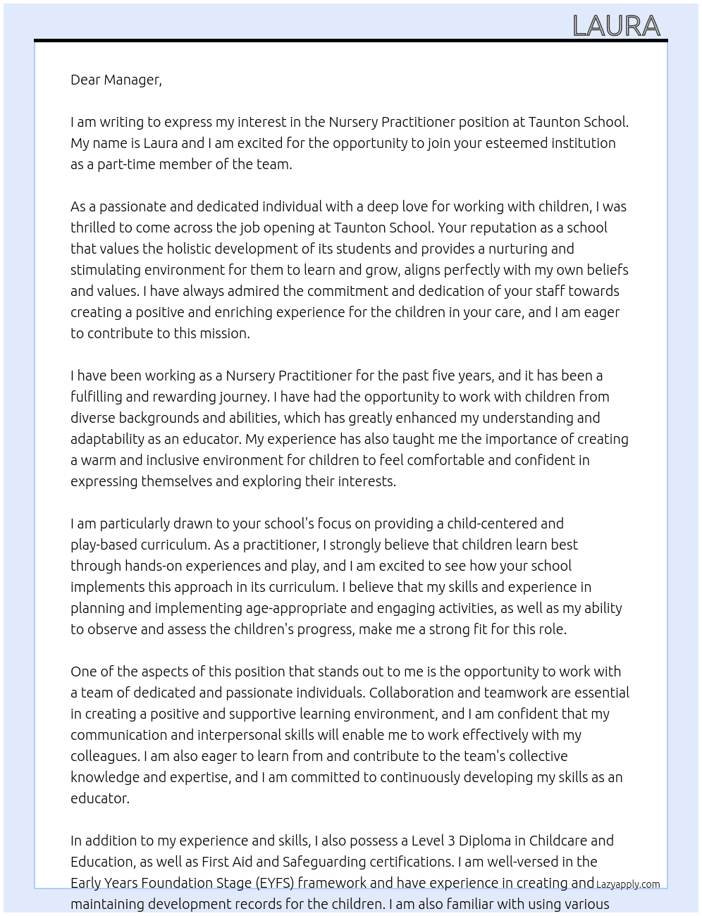 Nursery practitioner  At Taunton School Cover Letter