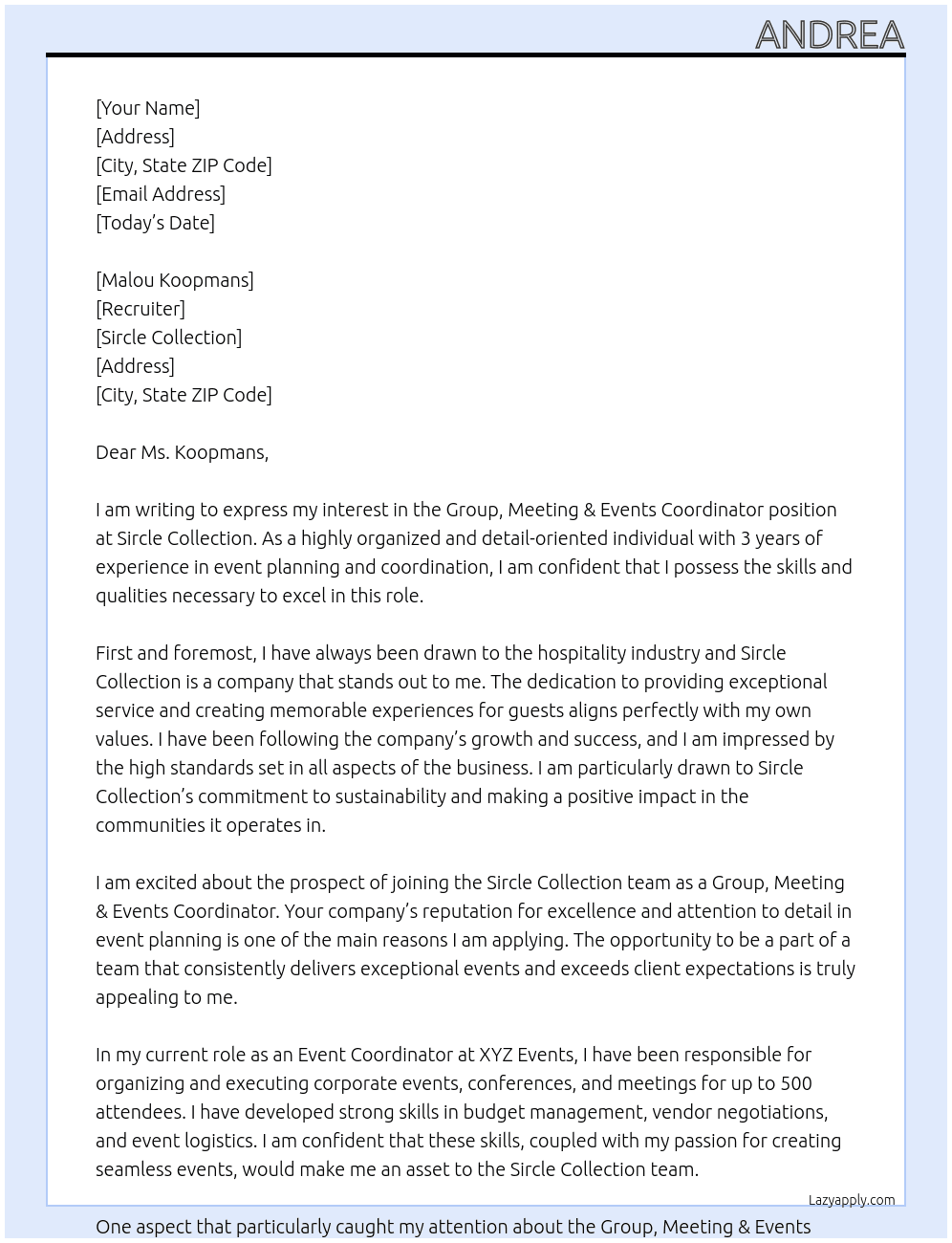 Group, Meeting & Events Coordinator At Sircle Collection Cover Letter