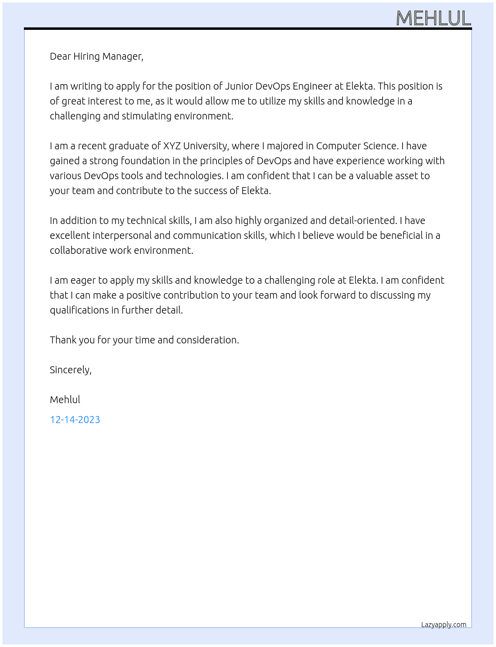 Junior DevOps Engineer At Elekta Cover Letter