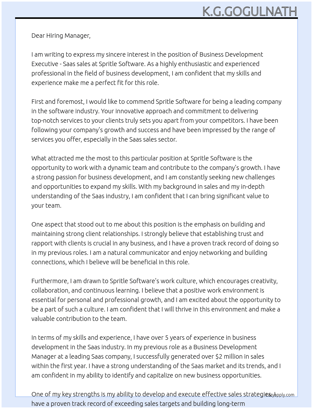 Business Development Executive - Saas sales At Spritle Software Cover Letter