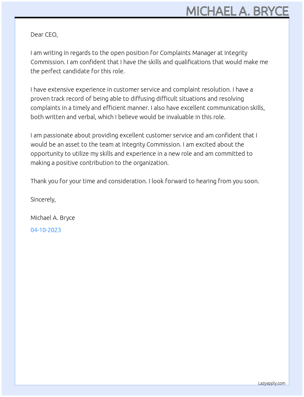 Complaints manager At Integrity Commmision Cover Letter
