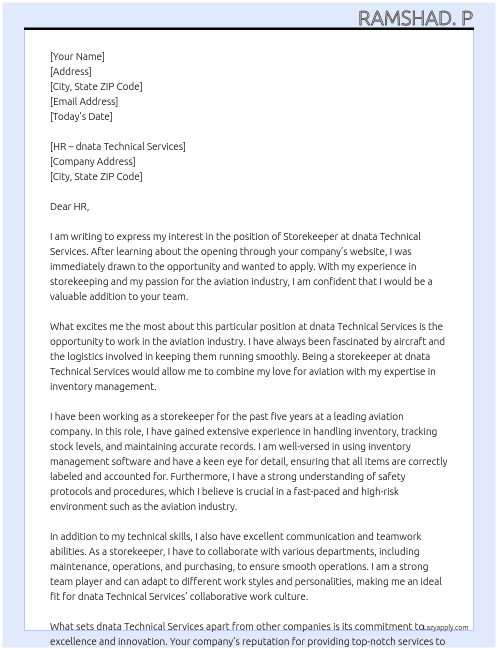 Storekeeper At Storekeeper - dnata Technical Services - 240000NS Cover Letter