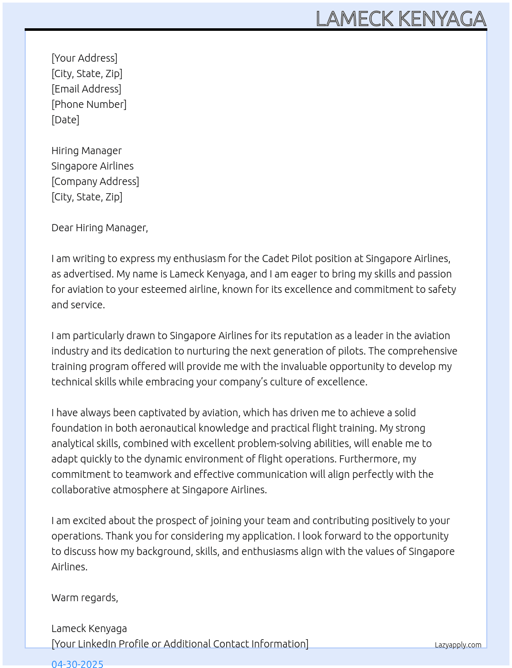 Cadet pilot  At singapore airlines Cover Letter