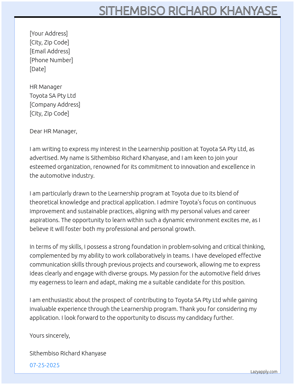 Learnership At Toyota SA Pty Ltd Cover Letter