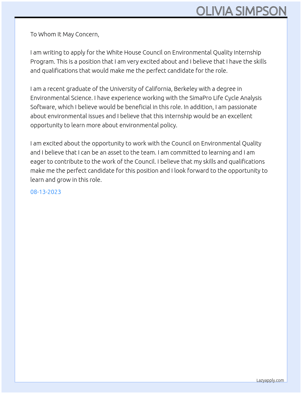 White House Council on Environmental Quality Internship Program At Federal Government Cover Letter