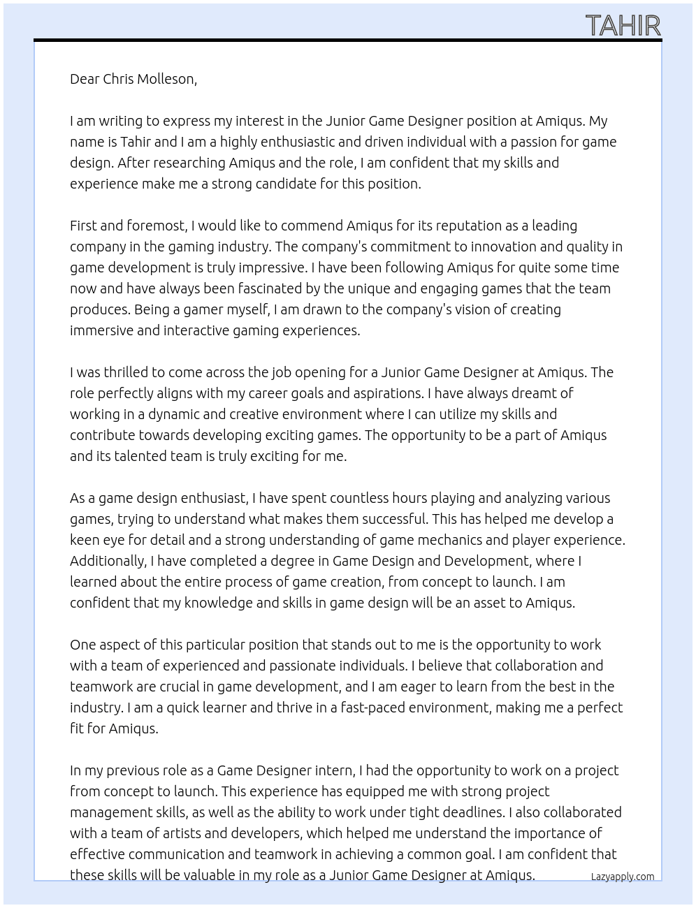 junior game designer At Amiqus  Cover Letter