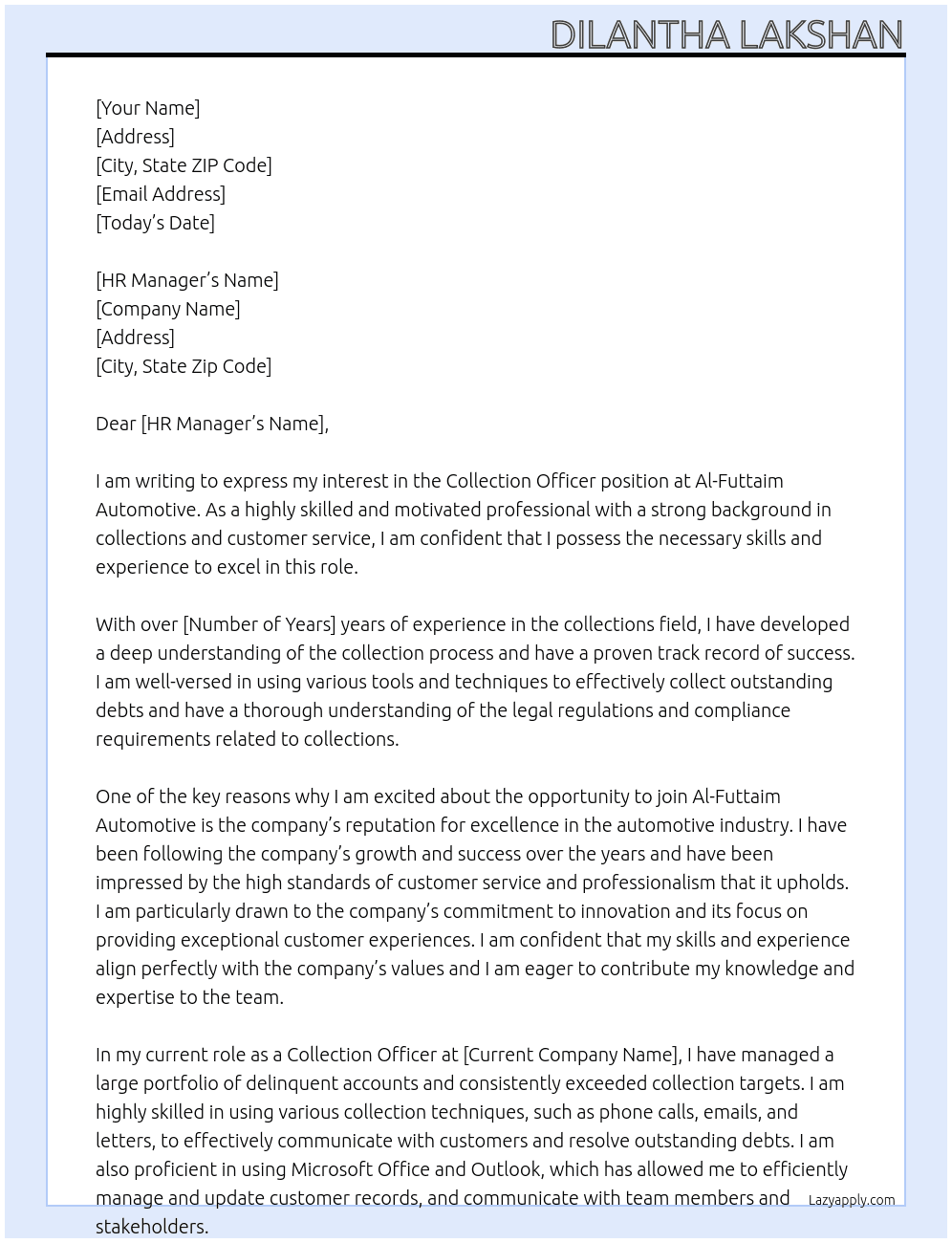 Collection Officer At Al-Futtaim Automotive Cover Letter