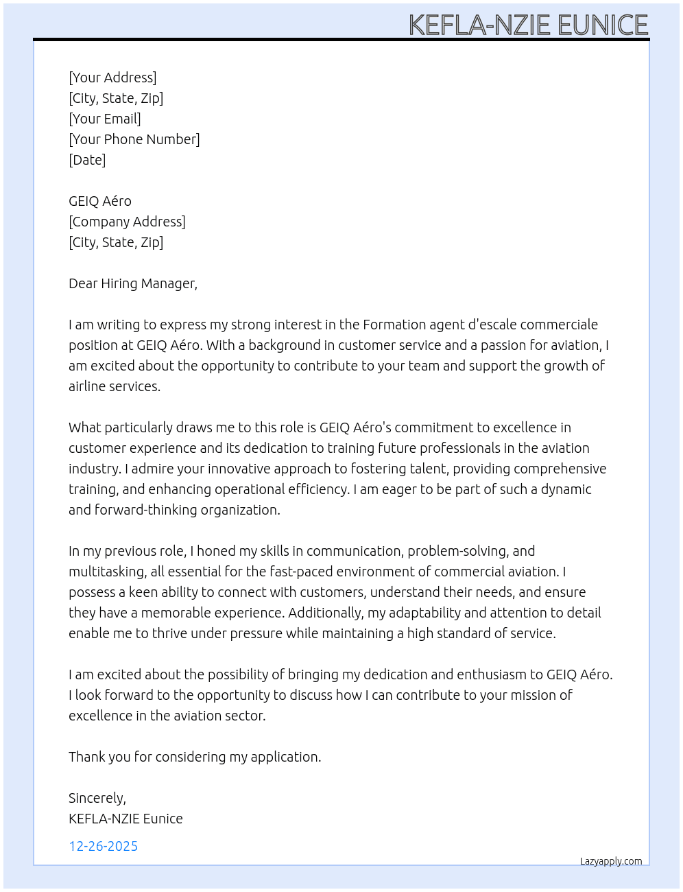 Formation agent d'escale commerciale At GEIQ Aéro Cover Letter