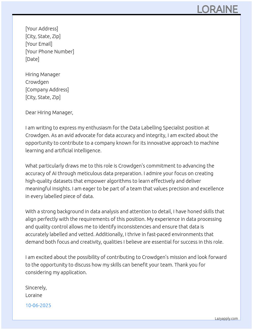 Data Labelling Specialist At Crowdgen Cover Letter