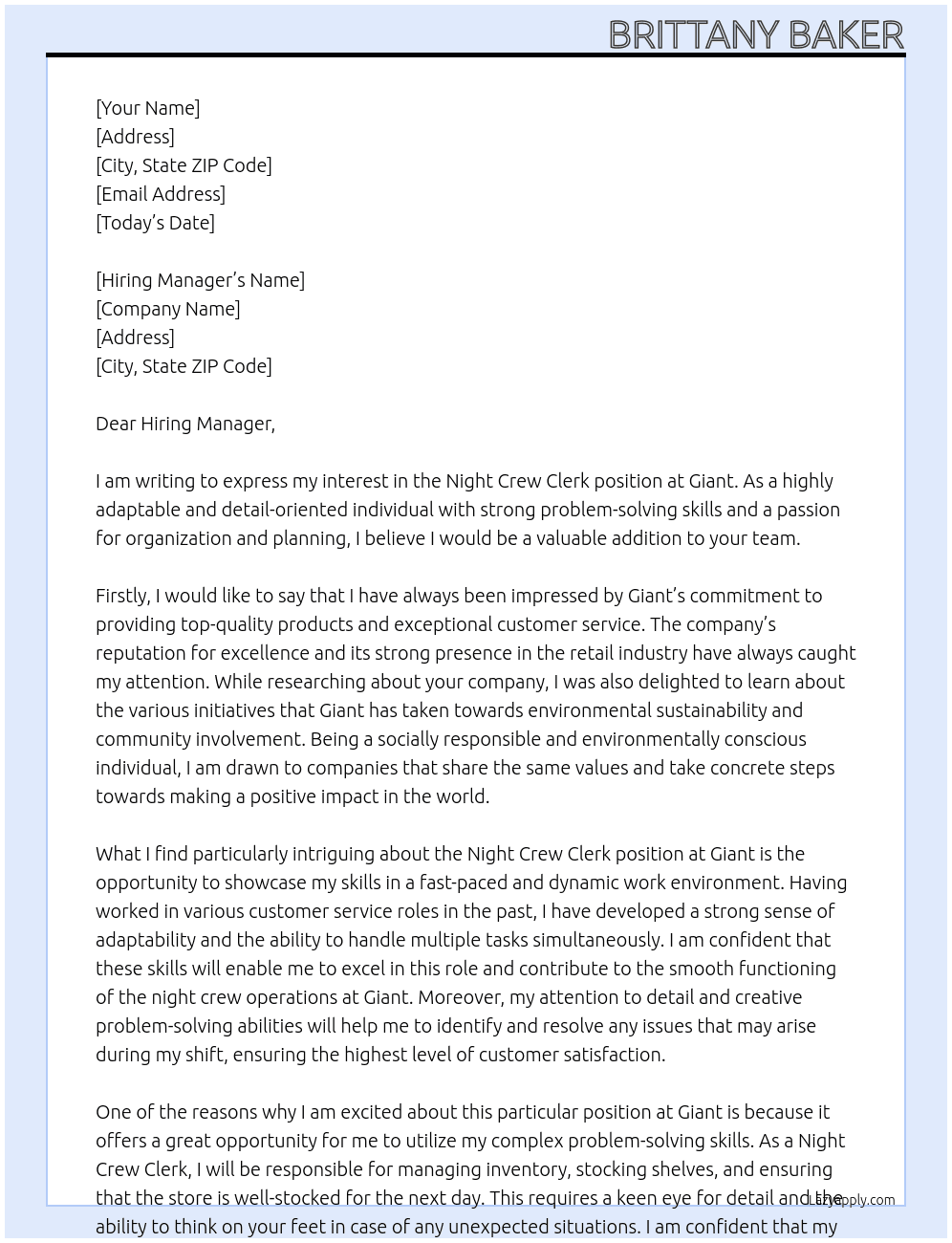 Night Crew Clerk At Giant Cover Letter