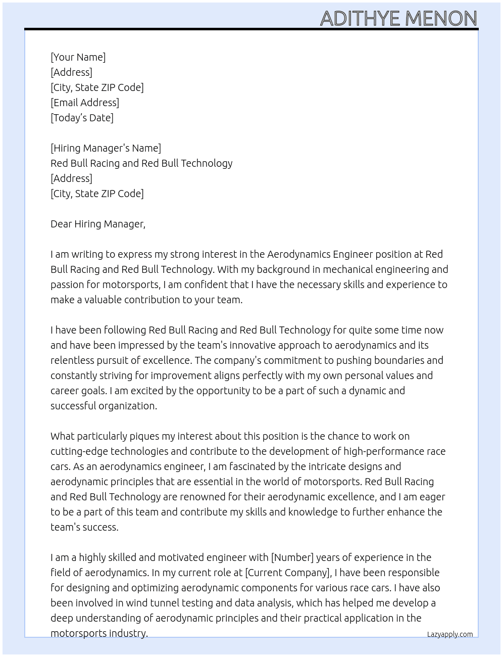 Aerodynamics Engineer At Red Bull Racing and Red Bull Technology Cover Letter