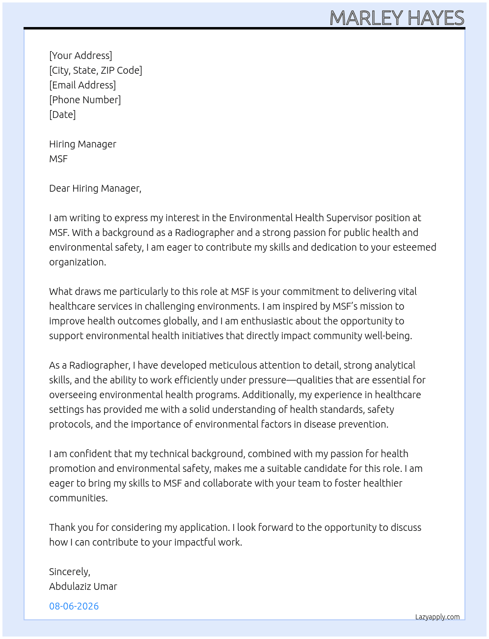 Environmental health supervisor  At MSF Cover Letter