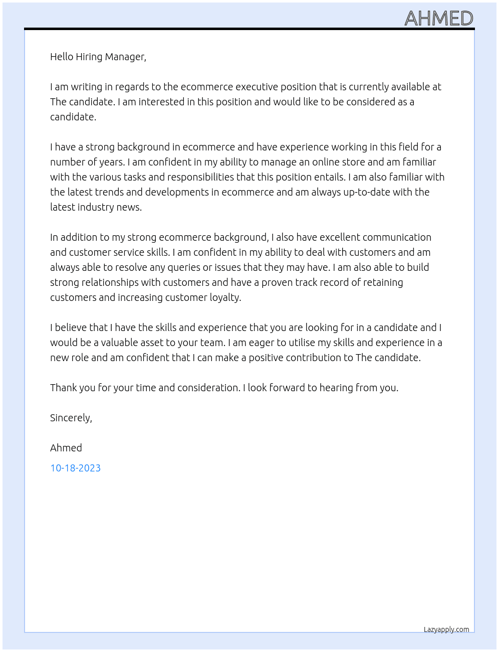ecommerce executive At The candidate Cover Letter