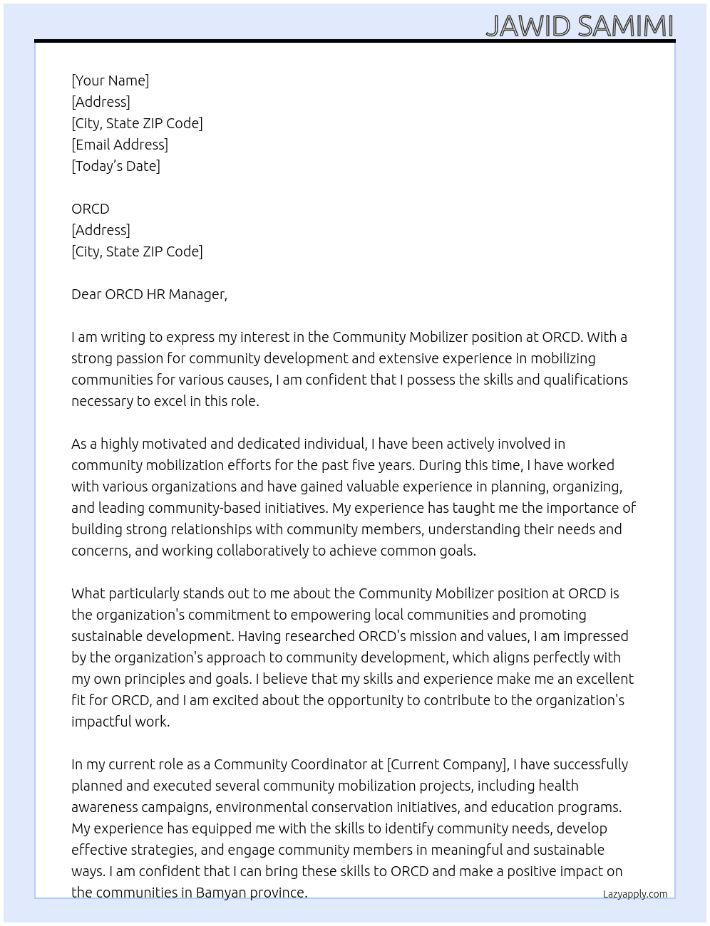 community mobilizer At ORCD Cover Letter