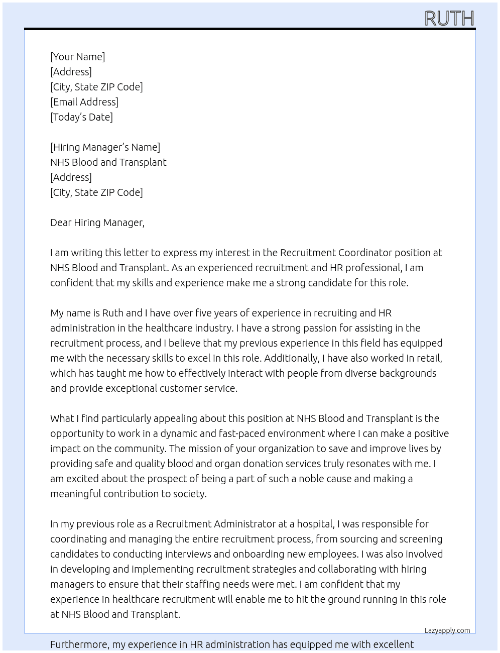 Recruitment Coordinator At NHS Blood and Transplant Cover Letter