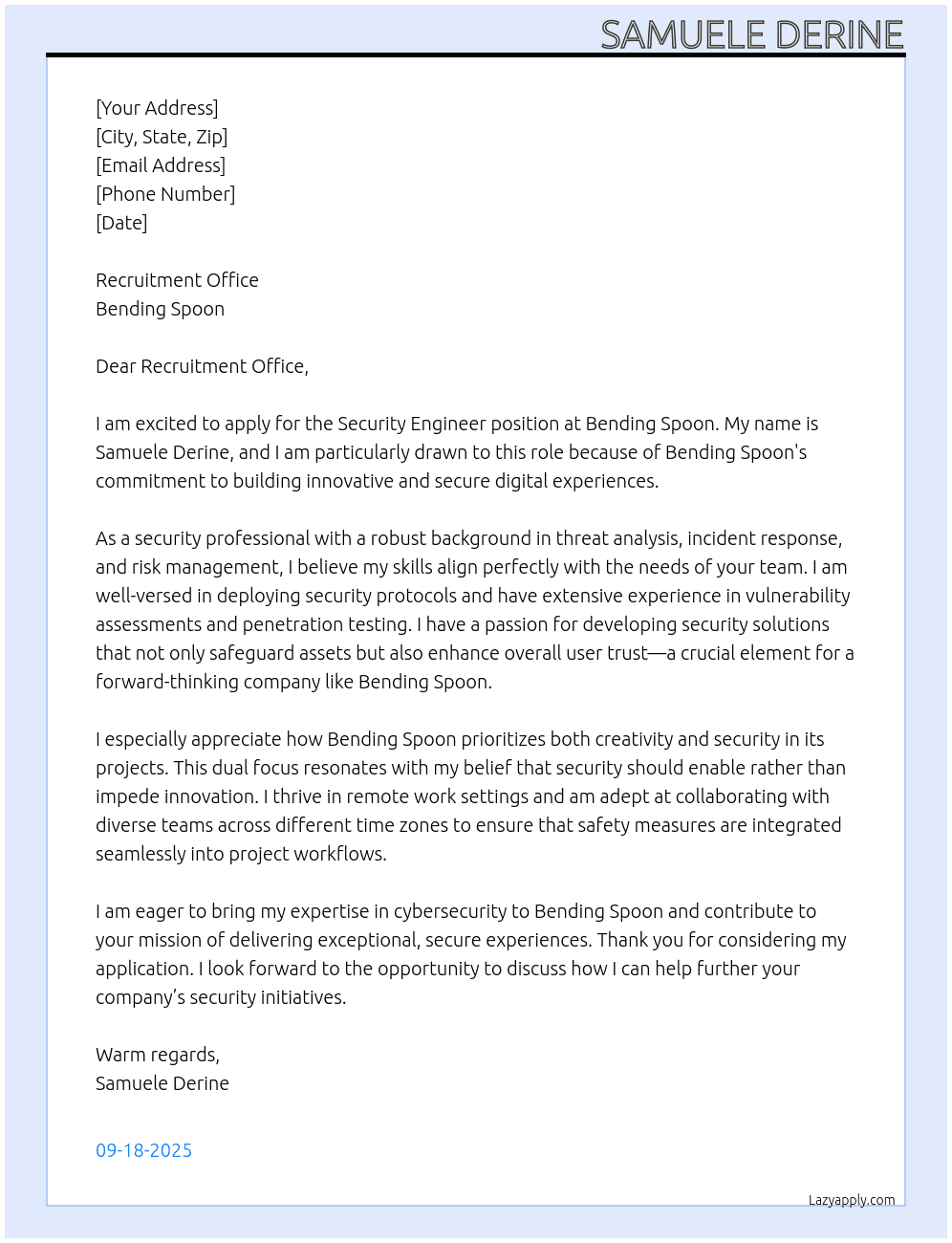 Security engineer  At Bending spoon Cover Letter