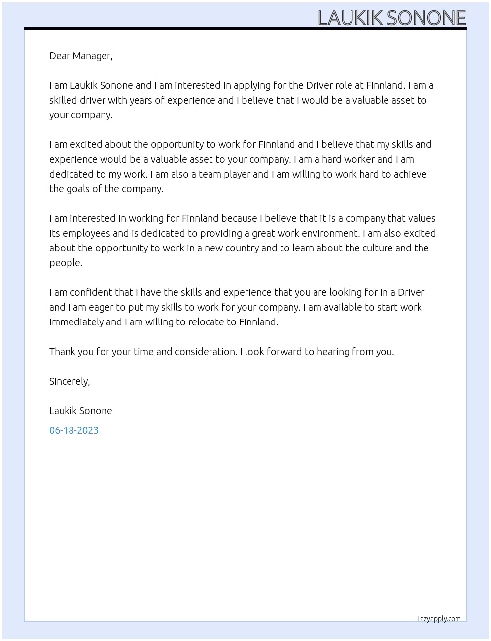 Driver At Finnland Cover Letter