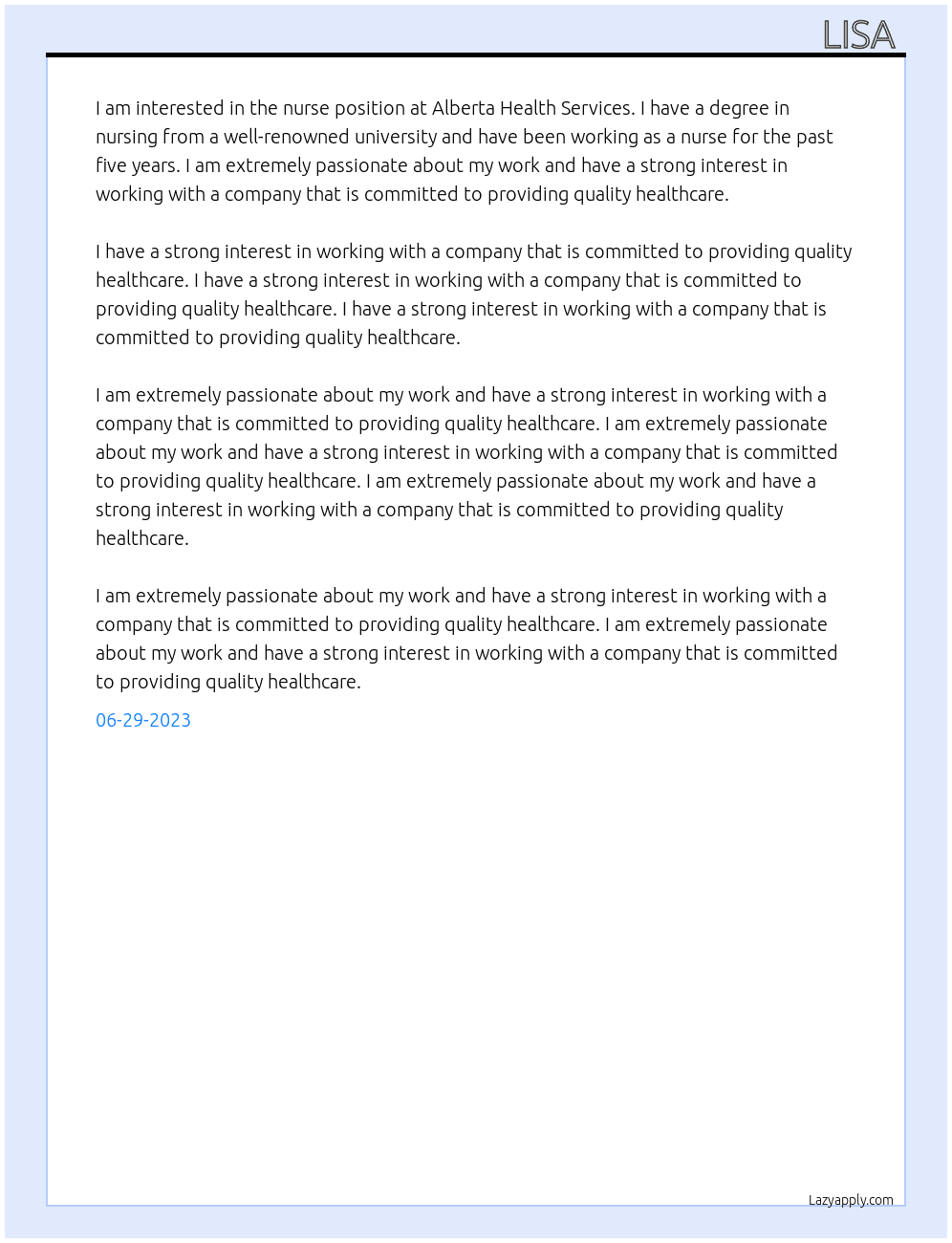 Nurse  At Alberta Health Services  Cover Letter