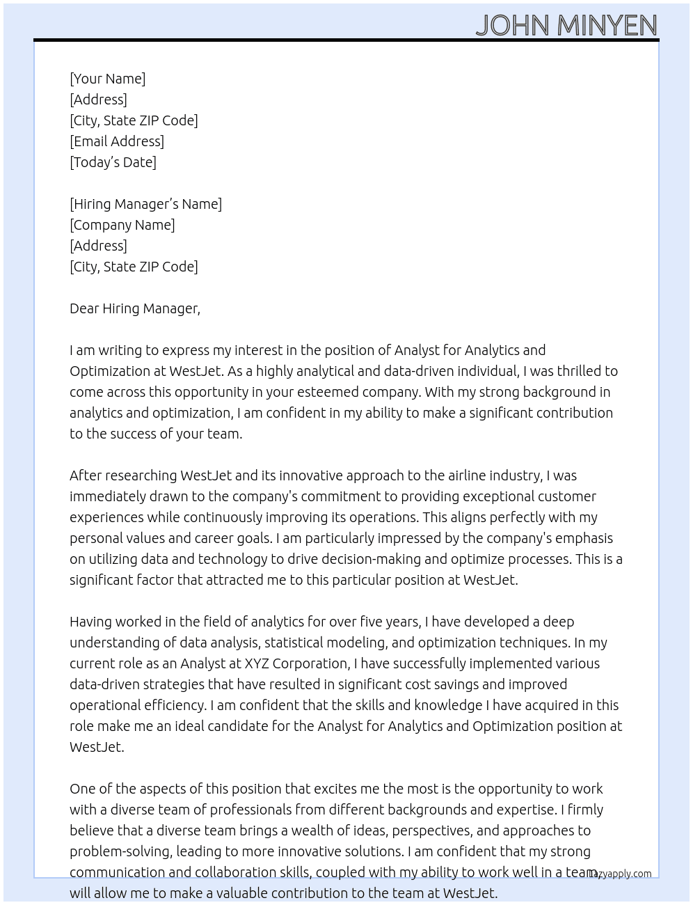 Analyst for Analytics and Optimization At WestJet Cover Letter