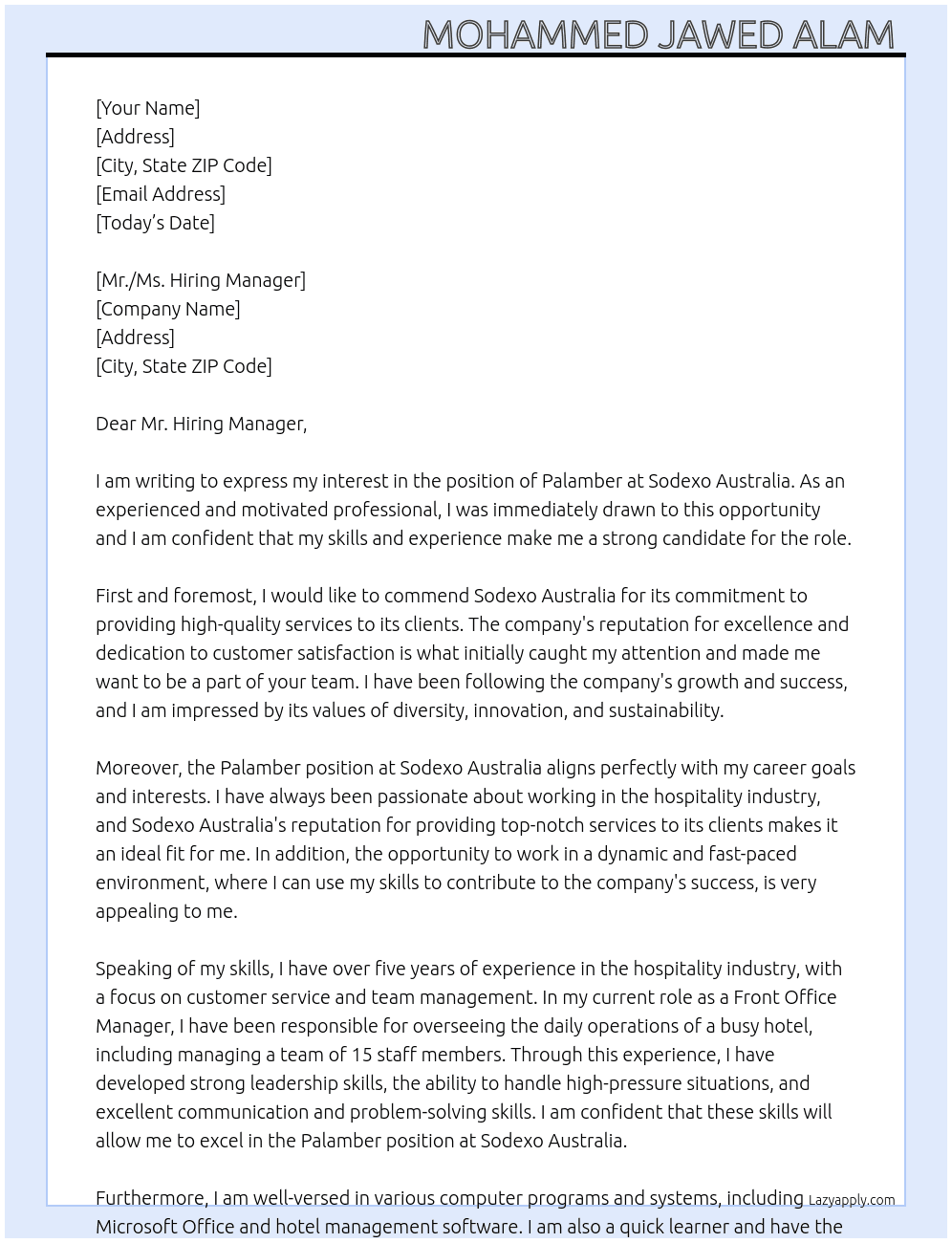 Palamber  At Sodexo Australia  Cover Letter