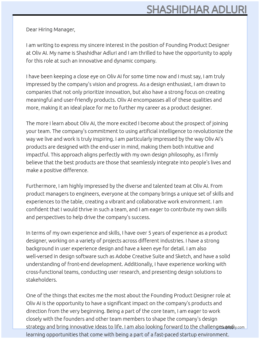Founding Product Designer At Oliv AI Cover Letter