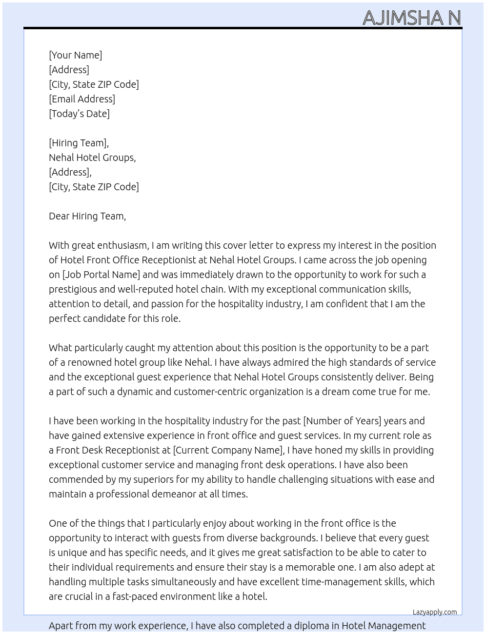 Hotel Front Office Receptionist At Nehal Hotel Groups Cover Letter