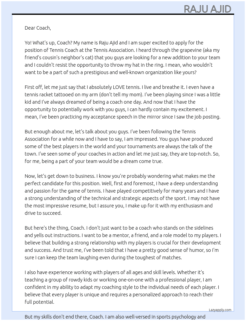 Tennis coach At Tennis Association  Cover Letter