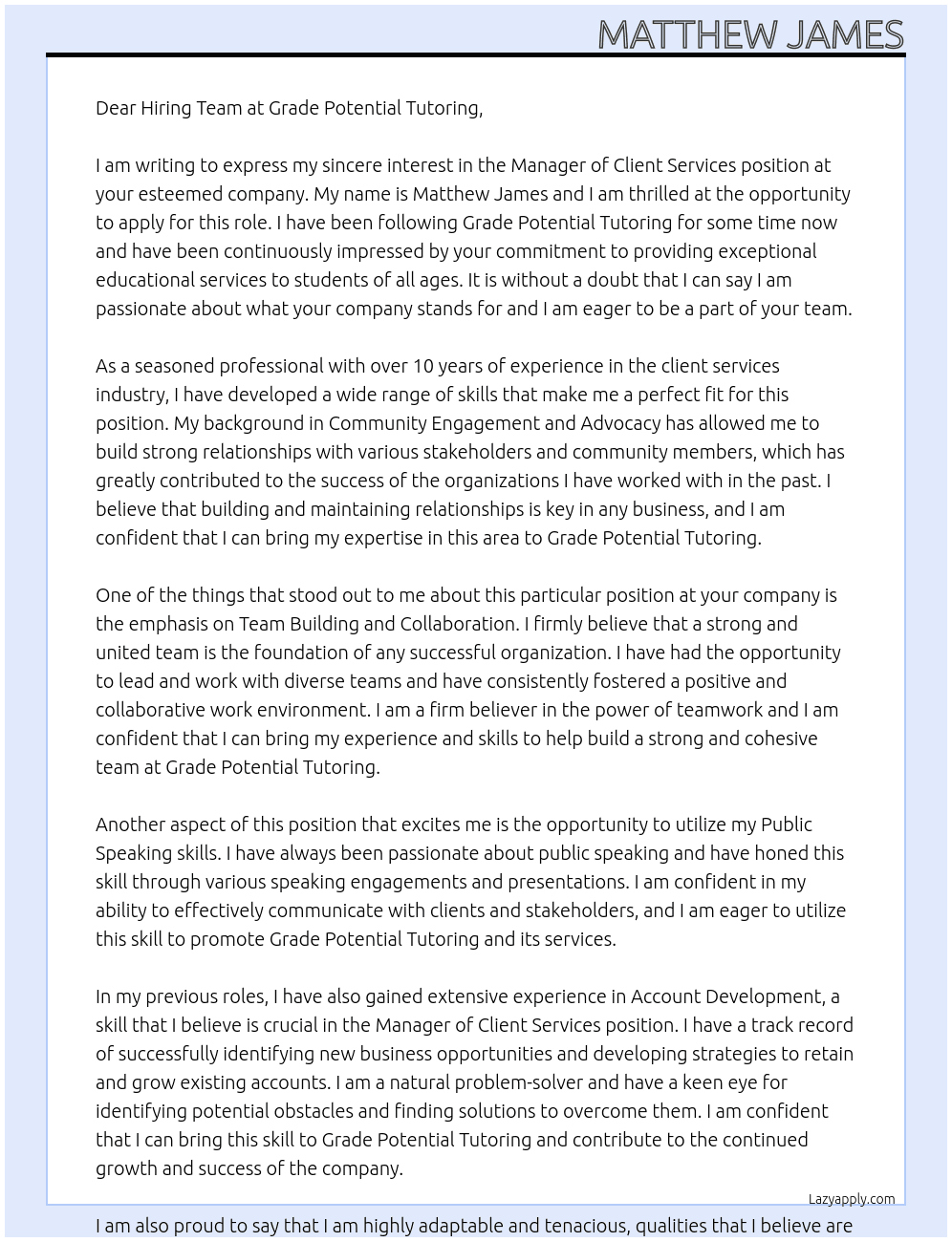 Manager of Client Services At Grade Potential Tutoring Cover Letter