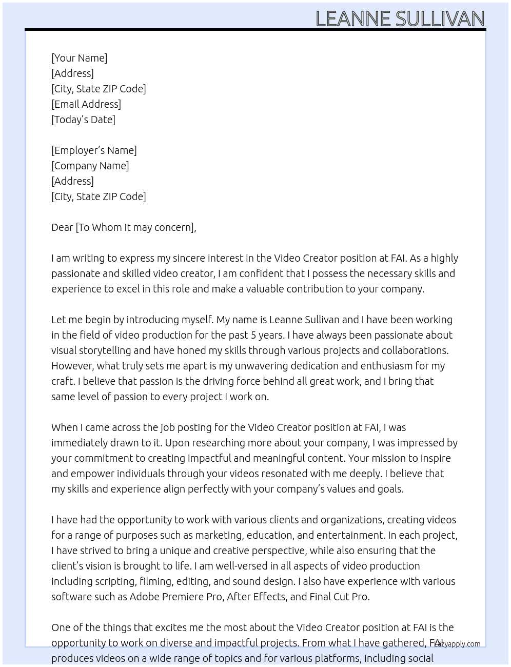 Video Creator At FAI  Cover Letter