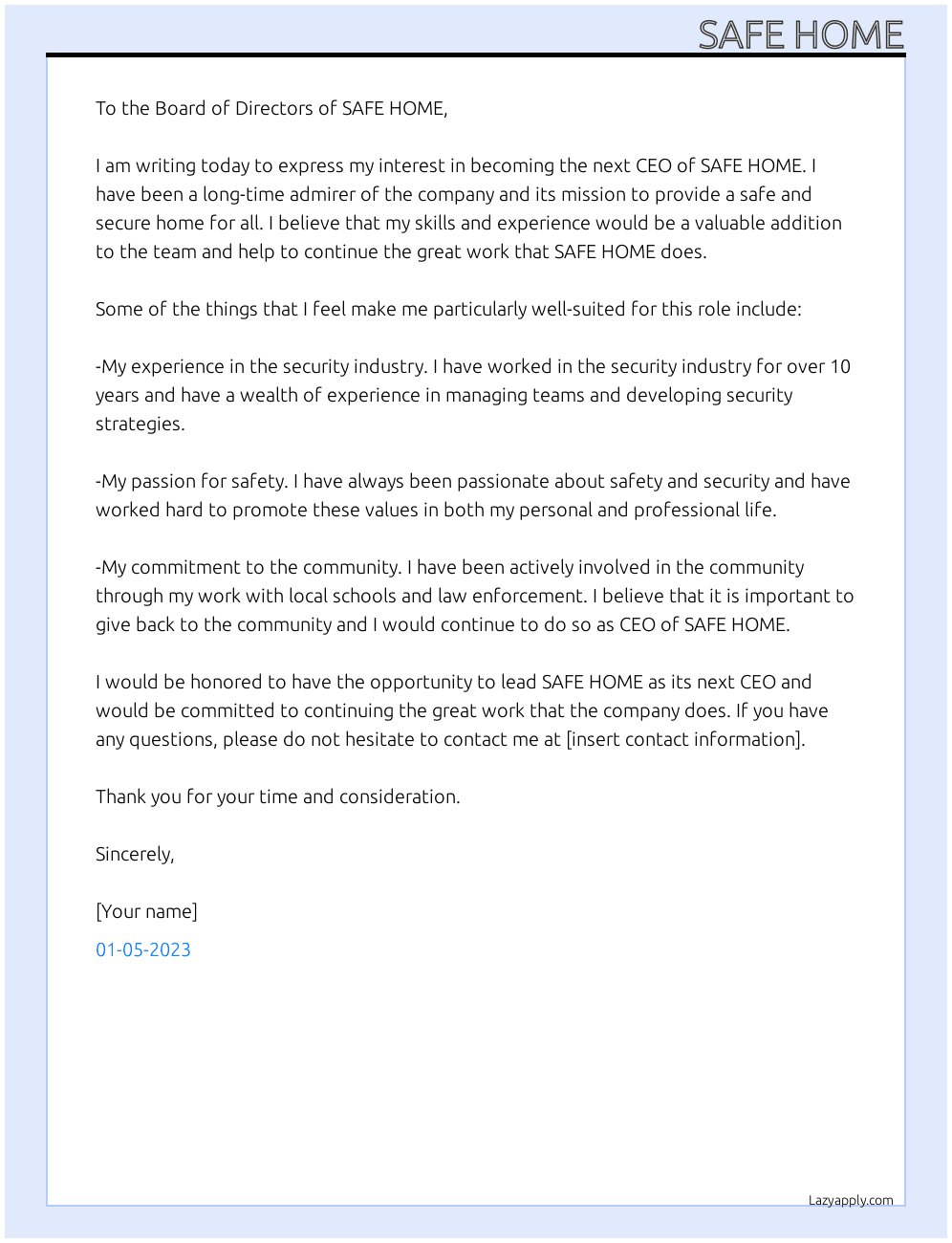 CEO At SAFE HOME Cover Letter