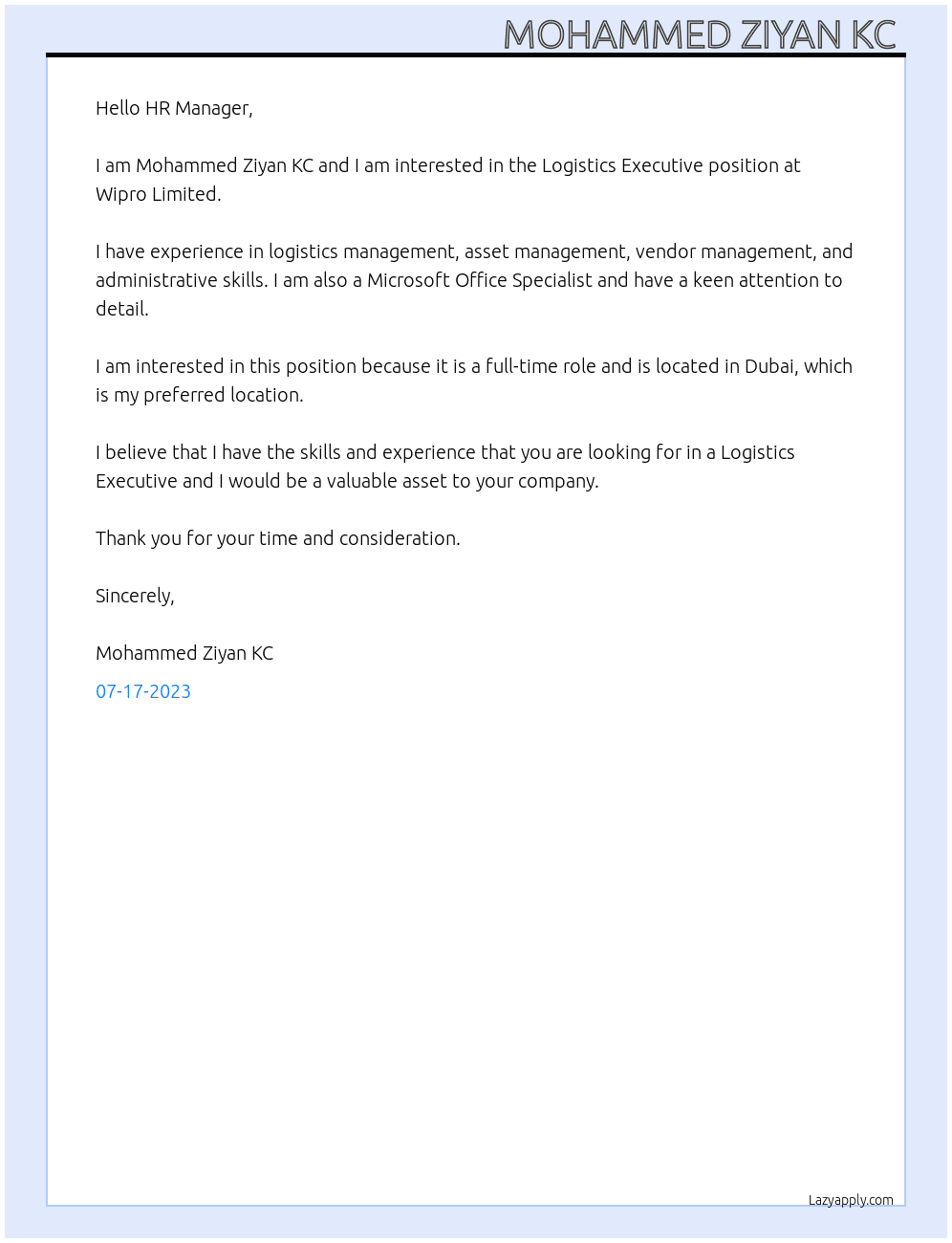 Logistics Executive  At Wipro limited  Cover Letter