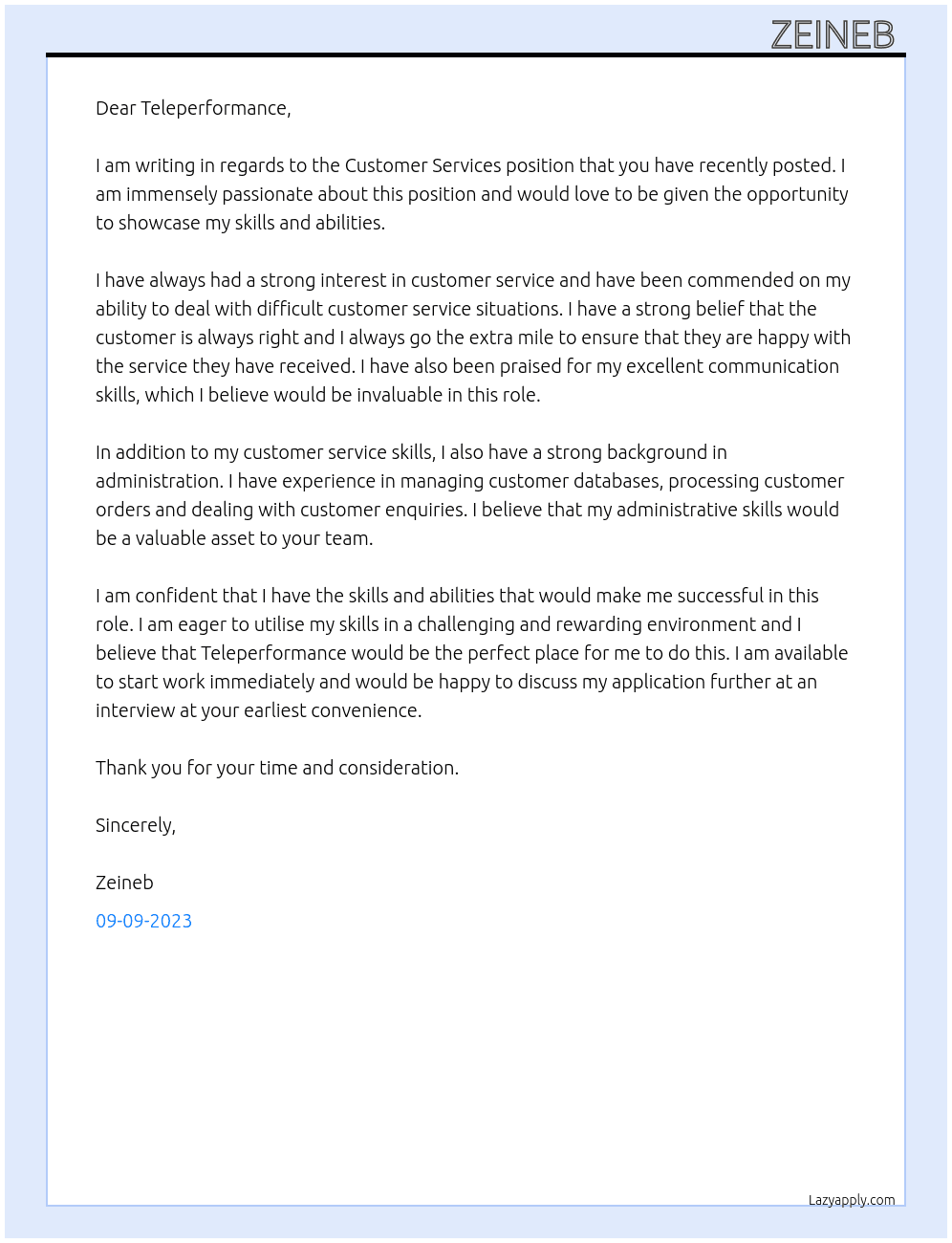 Costumer services  At Teleperformance  Cover Letter