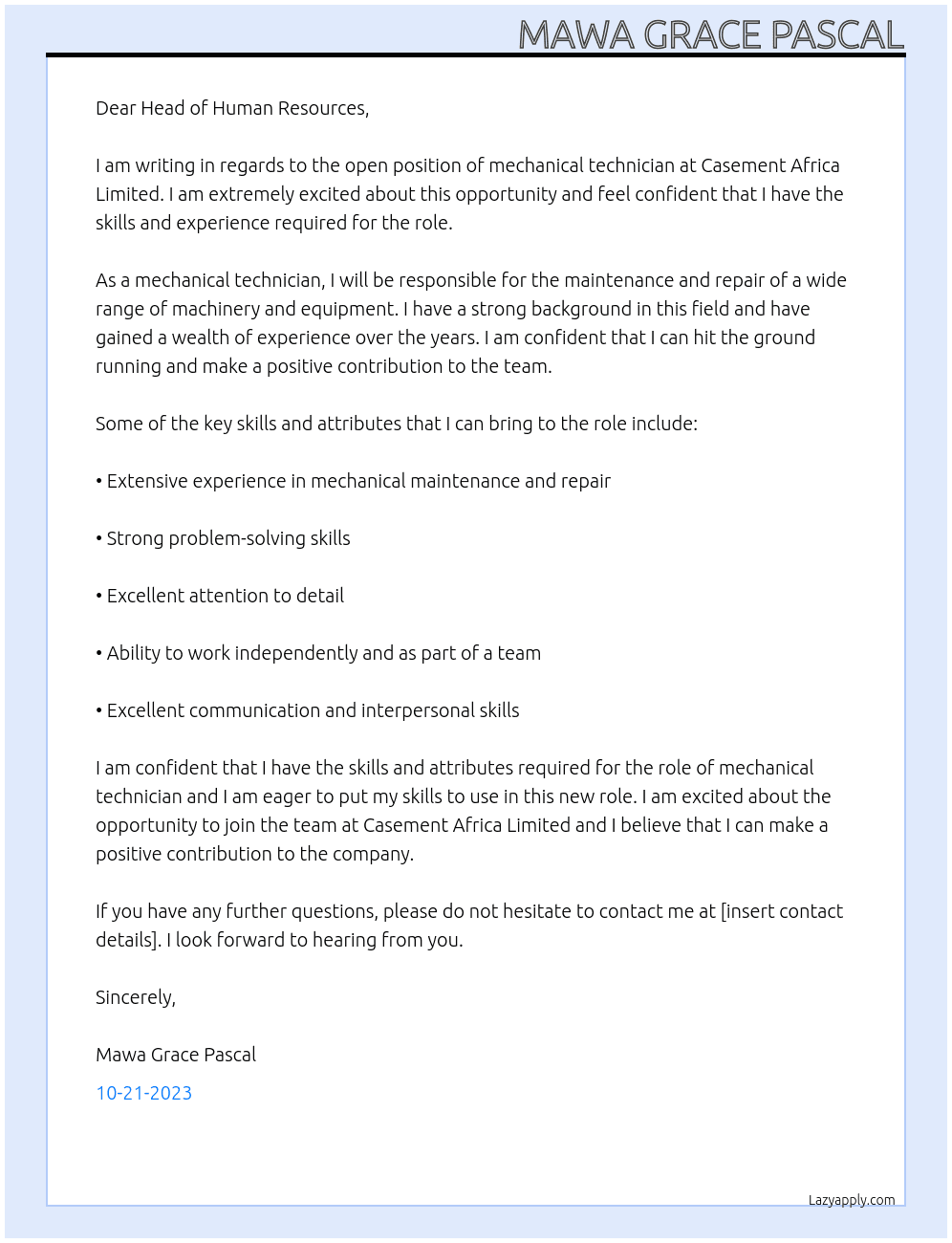 Mechanical technician At Casement Africa Limited Cover Letter