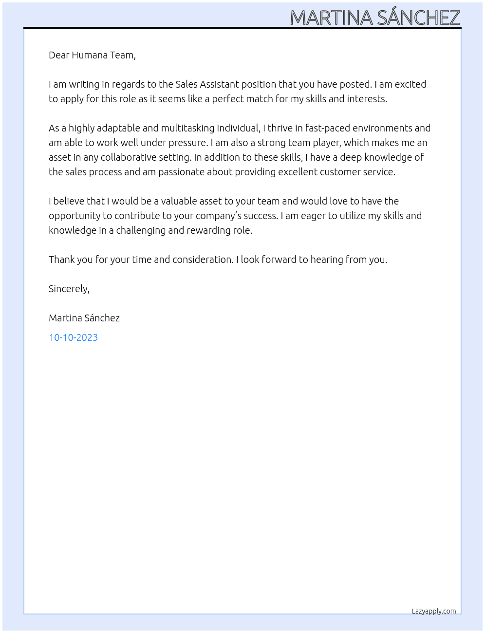 Sales assistant At Humana Cover Letter