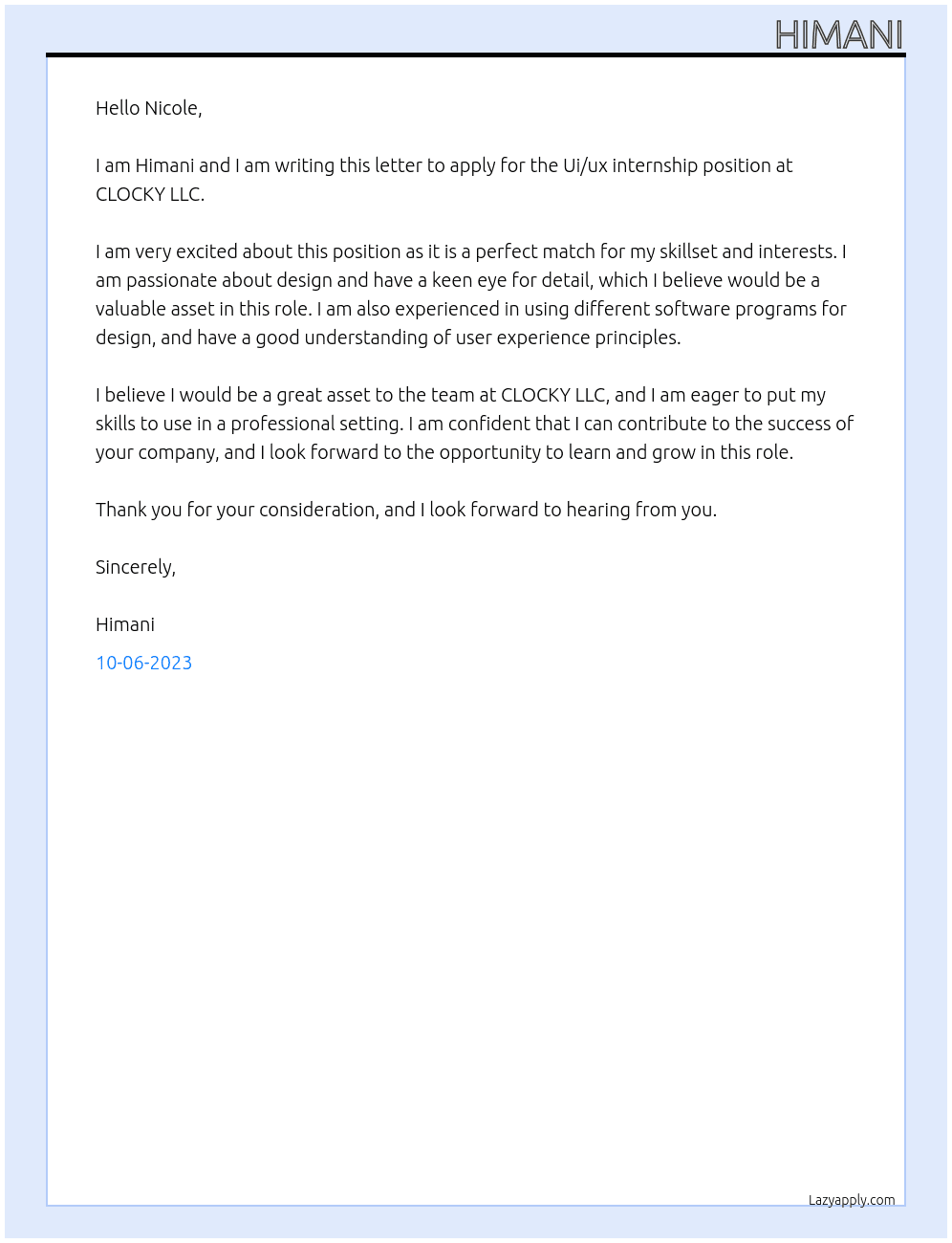 Ui/ux internship At CLOCKY LLC Cover Letter