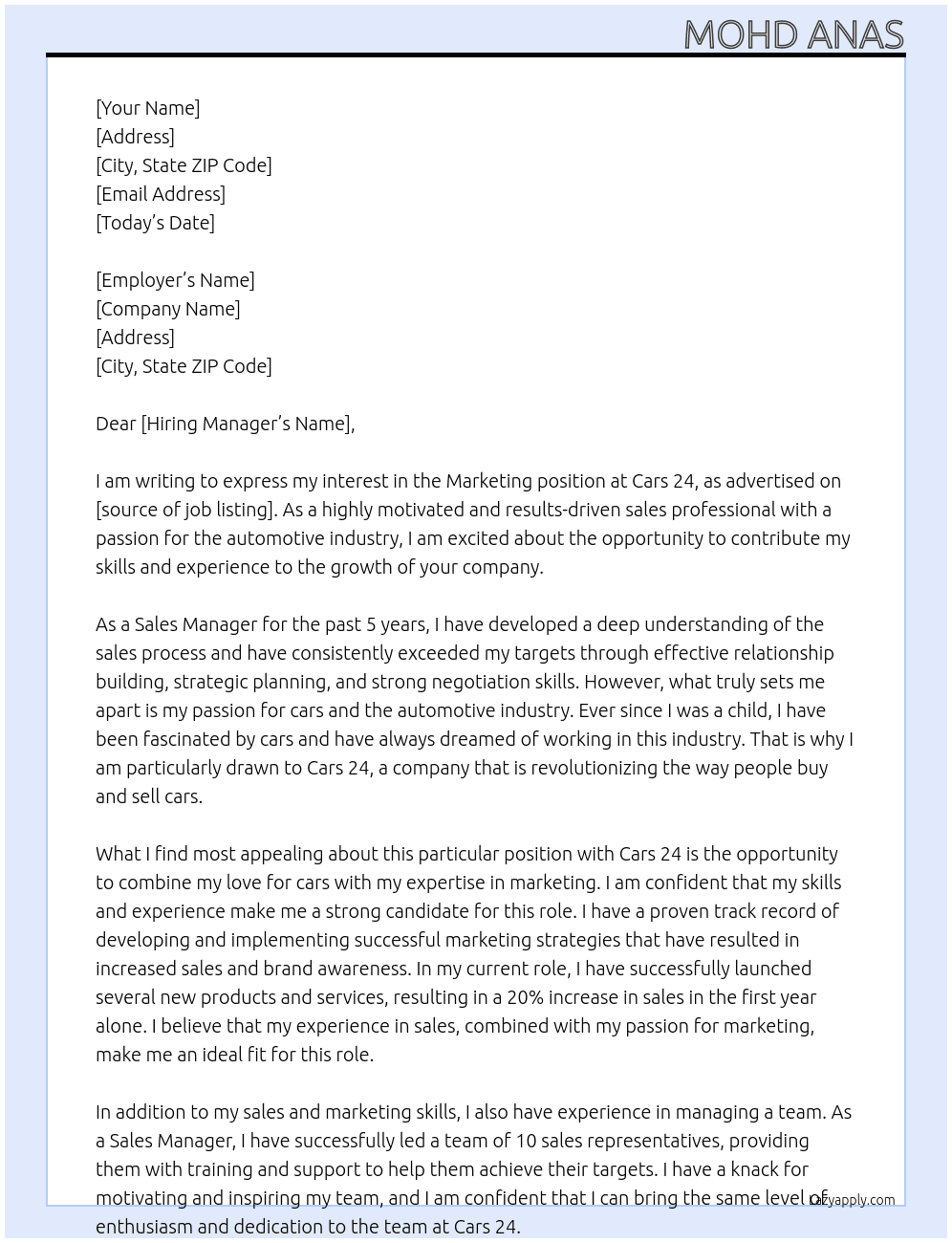 Marketing  At Cars 24 Cover Letter