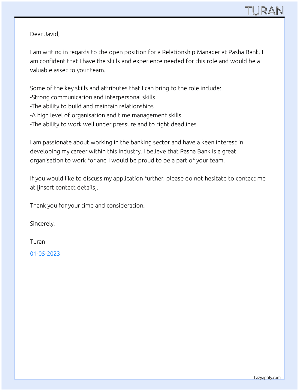 Relationship Manager At Pasha Bank Cover Letter
