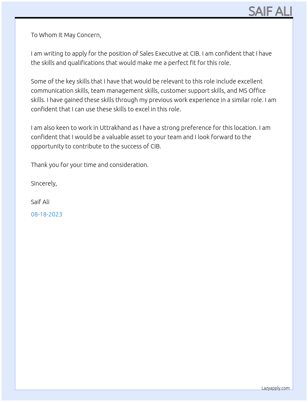 Sales Executive At CIB Cover Letter