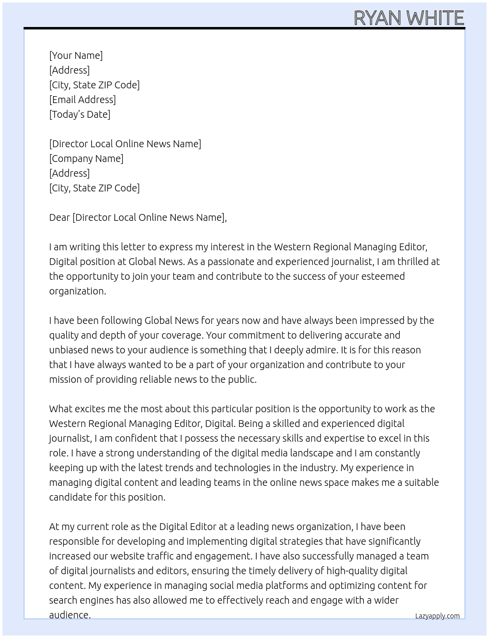 Western Regional Managing Editor, Digital At Global News Cover Letter