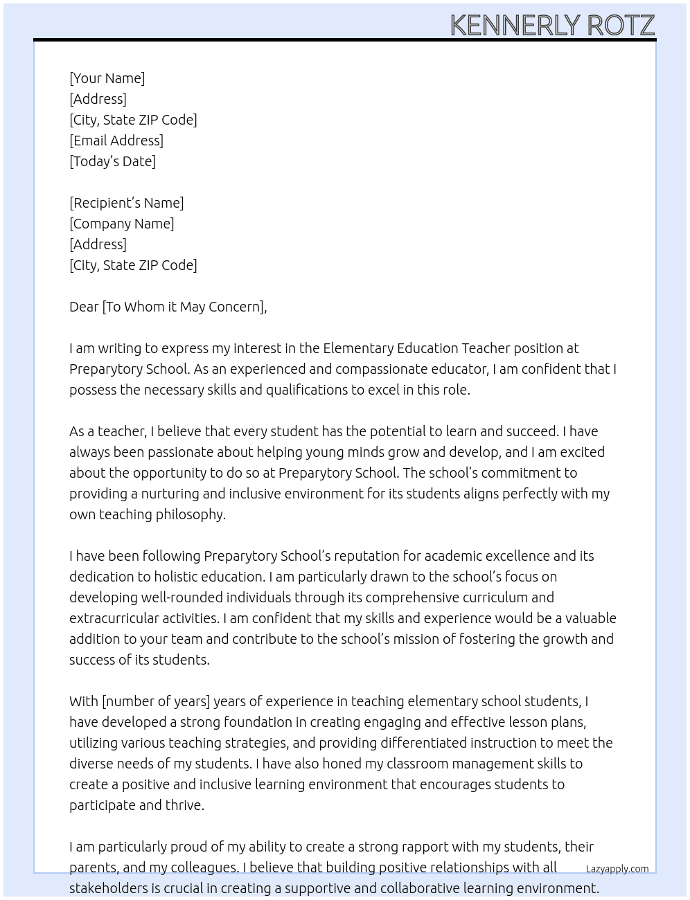 Elementary Education Teacher At Preparytory School Cover Letter