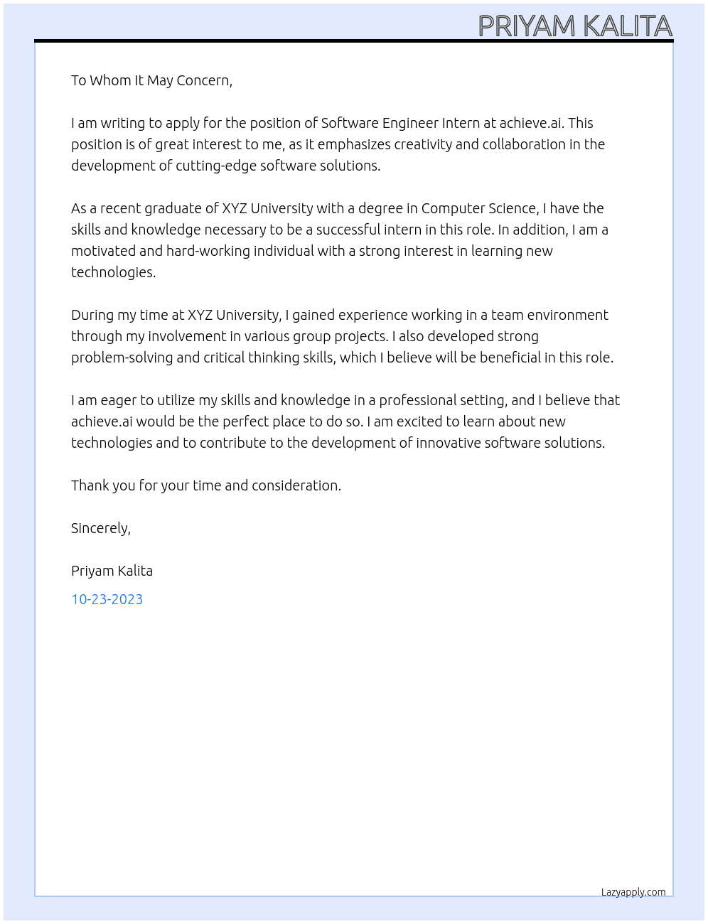 Software Engineer Intern At achieve.ai Cover Letter