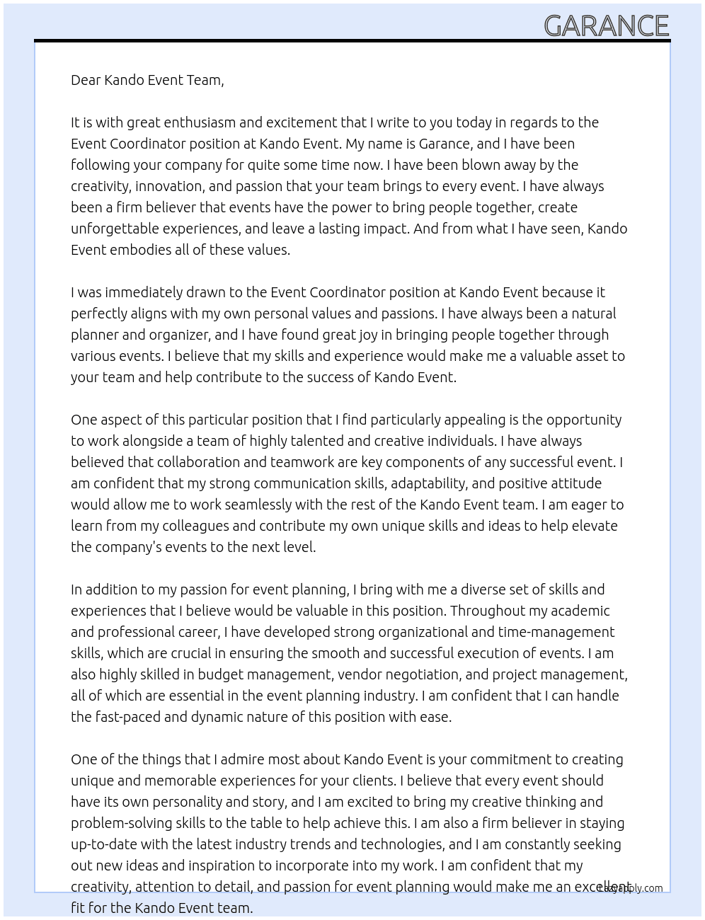 event coordinator At kando event Cover Letter