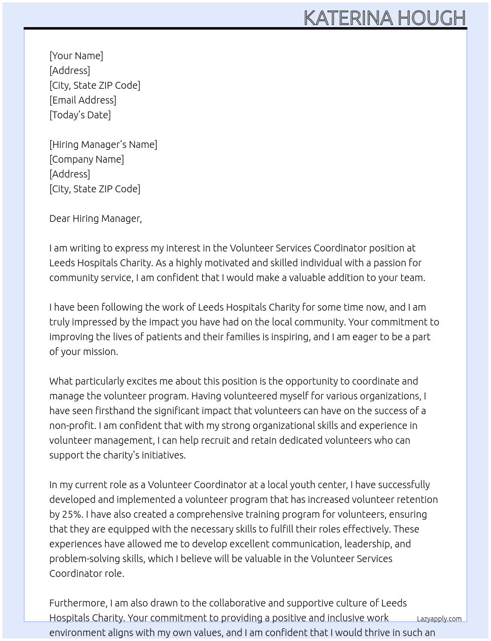 Volunteer Services Coordinator  At Leeds Hospitals Charity Cover Letter