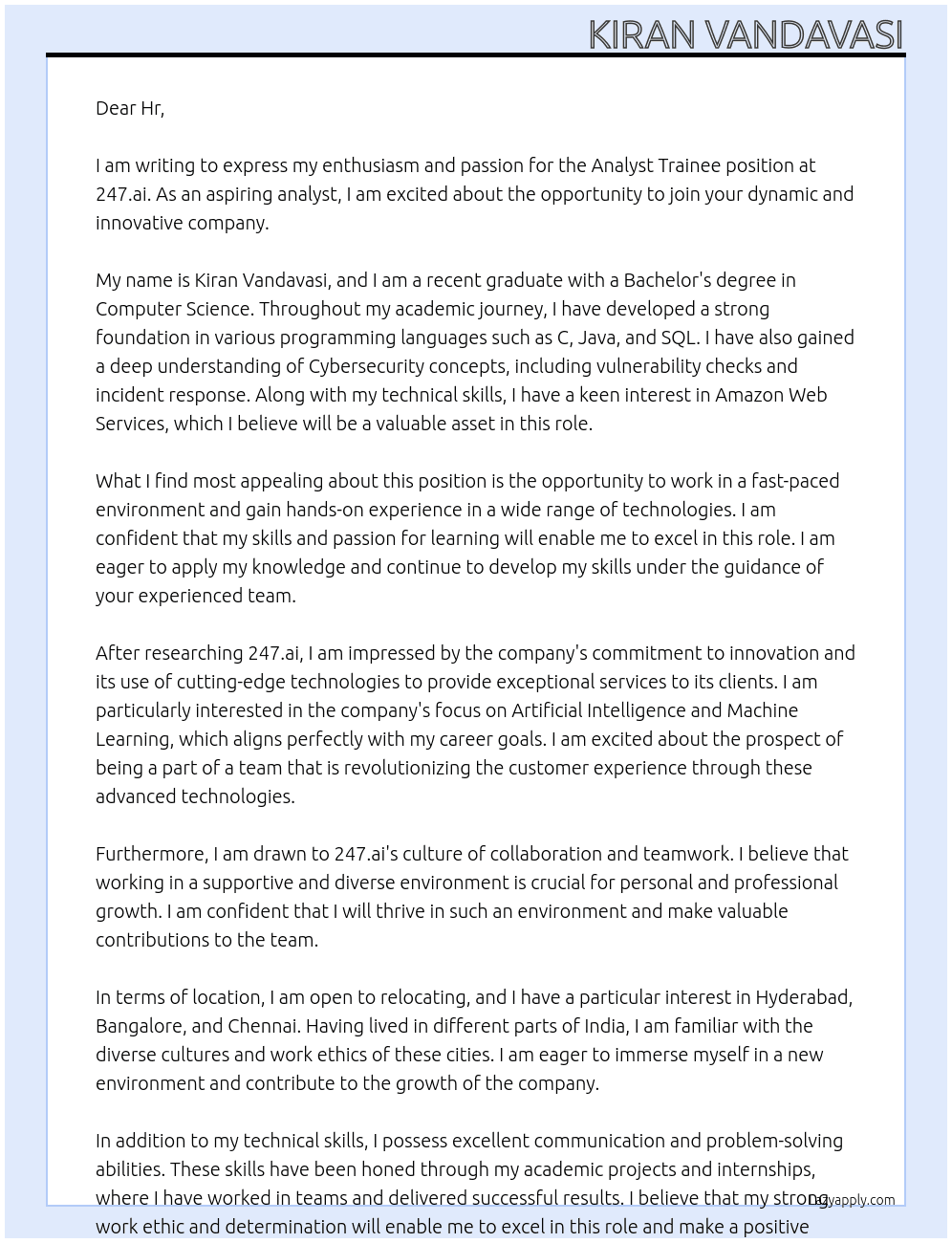 Analyst Trainee At 247. ai  Cover Letter