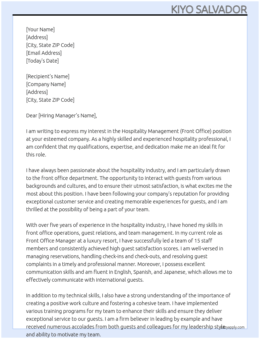 Hospitality management (front office) At at your respected company Cover Letter